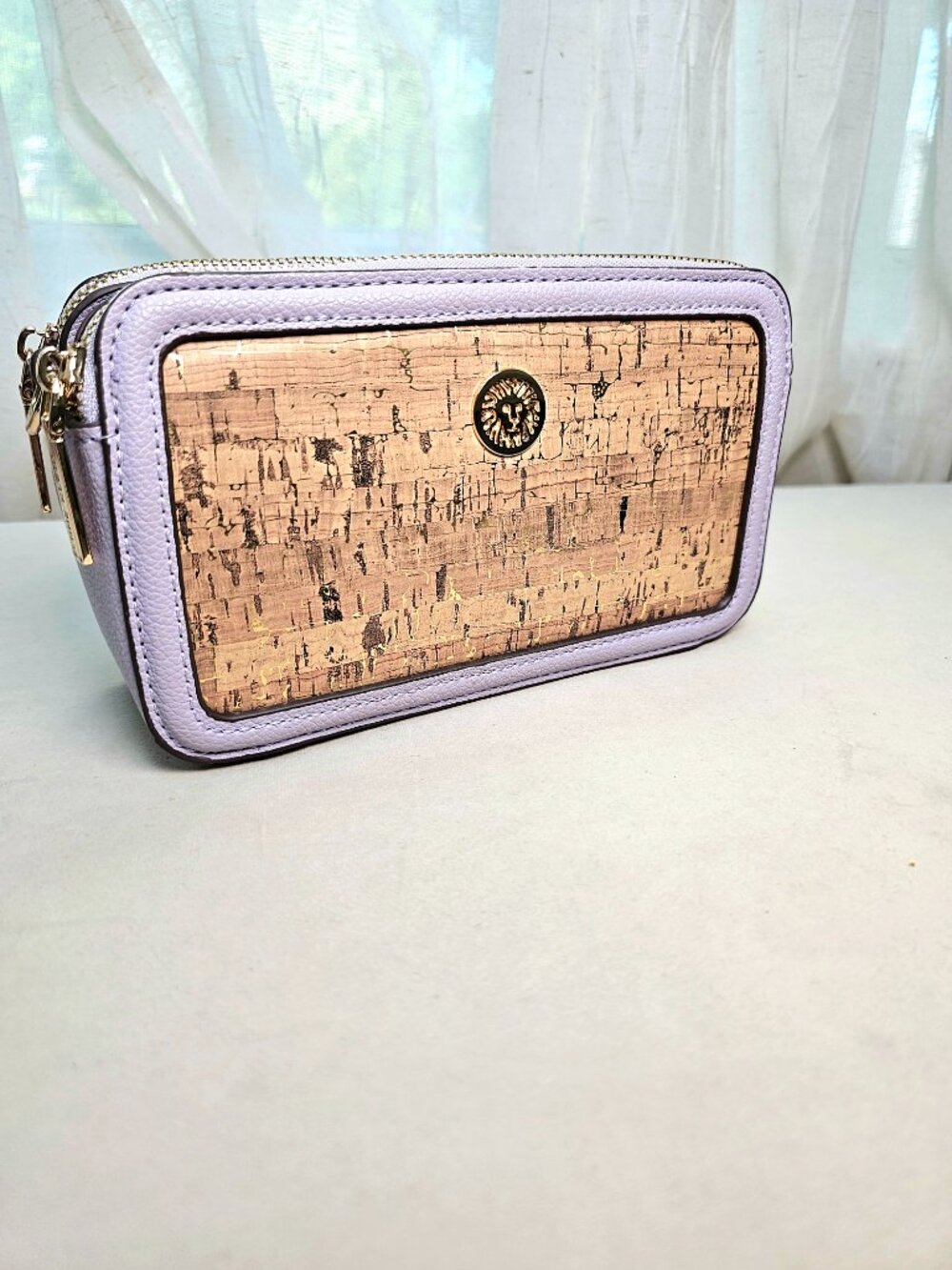 Anne Klein Lavender Cork Double Zip Camera Crossbody Bag Gold Chain Strap - Picture 9 of 15